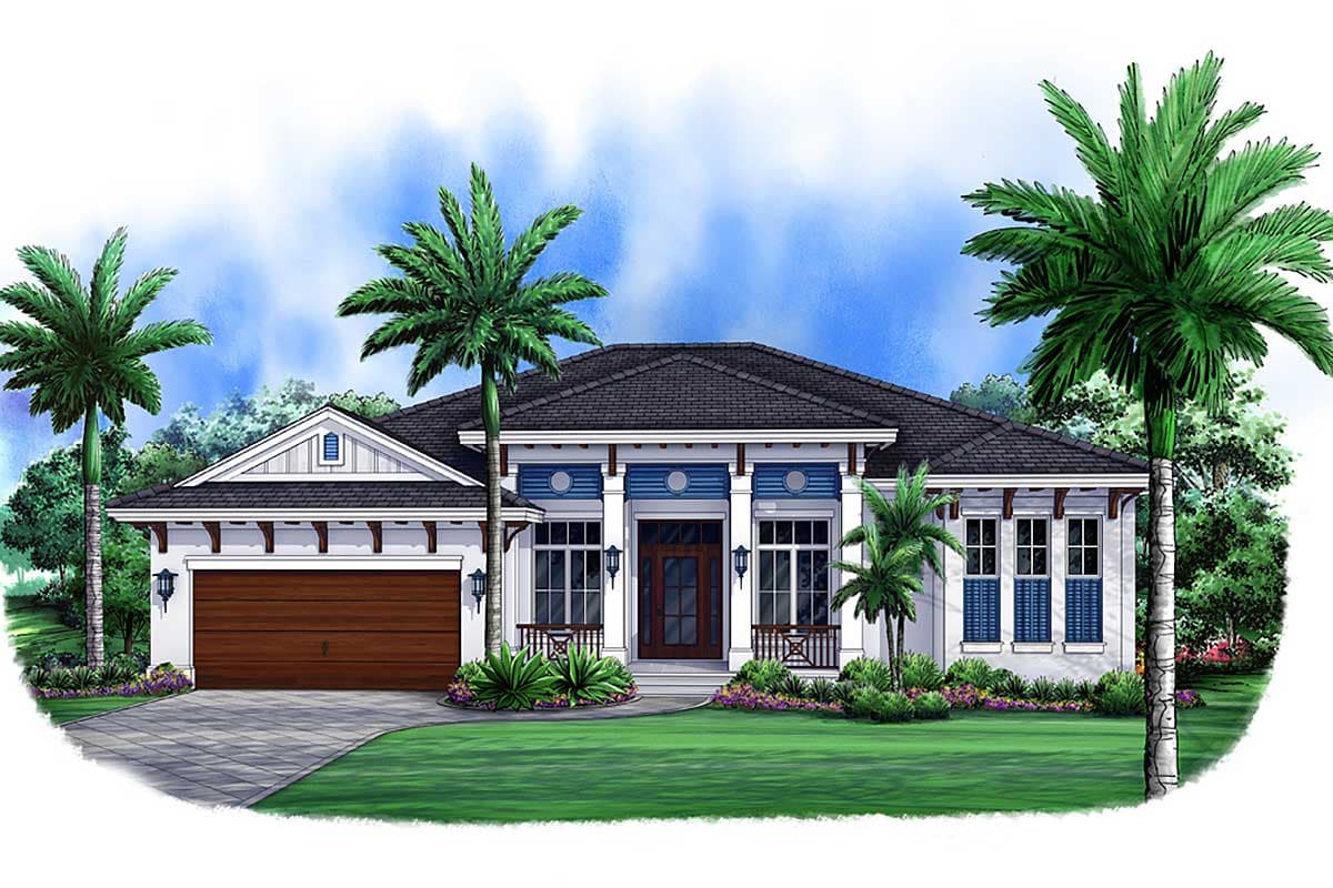 One-story house plan exterior with attached garage, covered porch with columns, gables, and decorative window shutters.