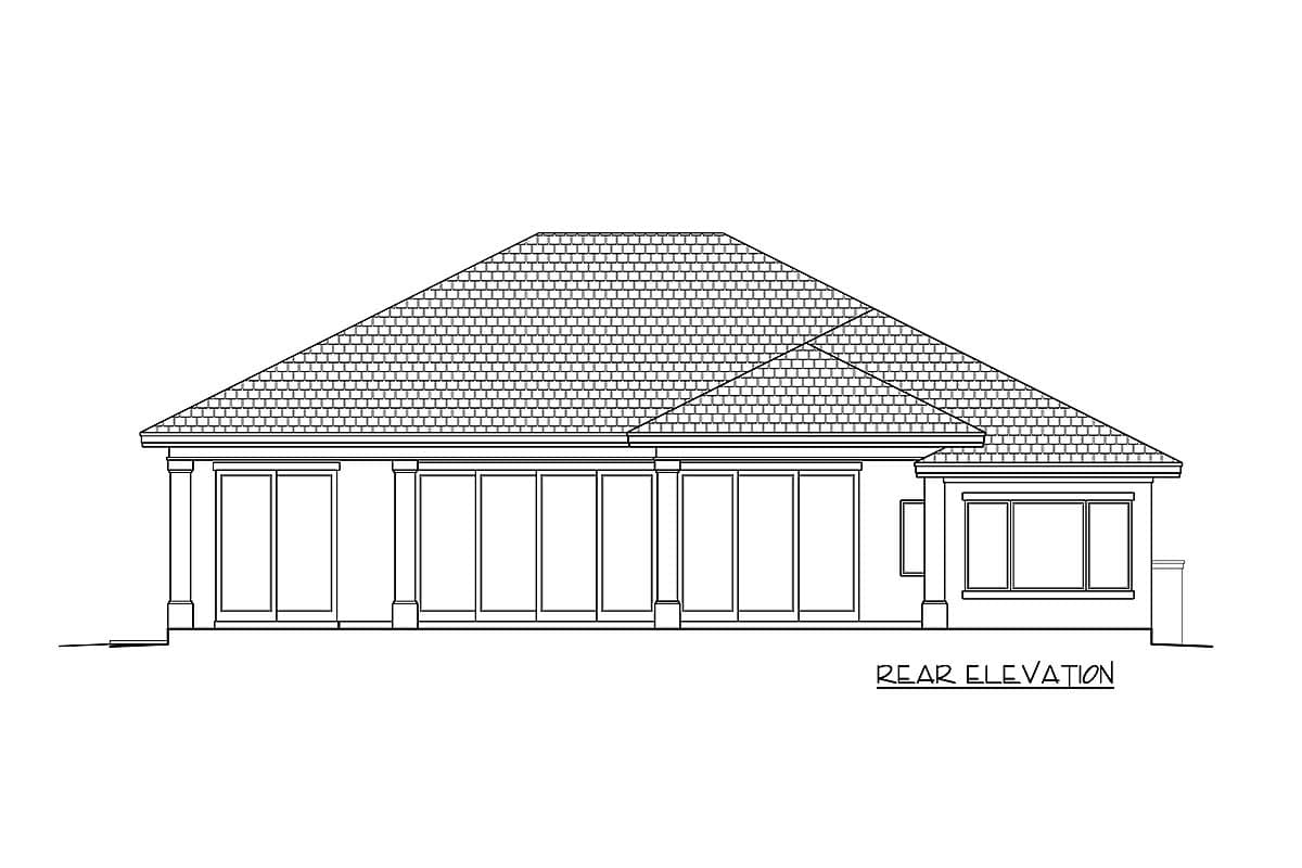 Rear elevation drawing of a house plan with a hipped roof, multiple glass doors, and a smaller window.