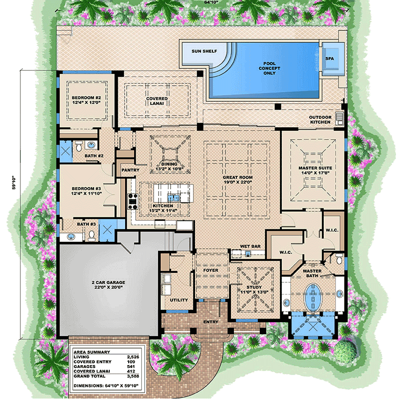 Plan 66318WE: Coastal Contemporary House Plan with Lanai and Split Bedrooms - Floor Plan - Main Level - Coastal Contemporary, Florida-Style, Southern