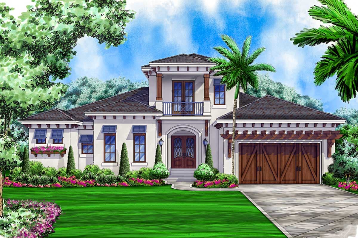 House plan exterior: Two-story Mediterranean style with arched entry, balcony, and a three-car garage.