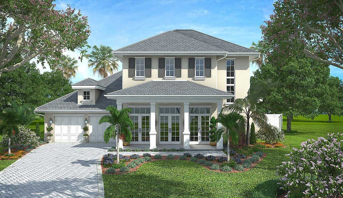 House plan exterior. Two-story home with a hipped roof, portico, and dormer. Features include a front-facing garage and multiple gables.