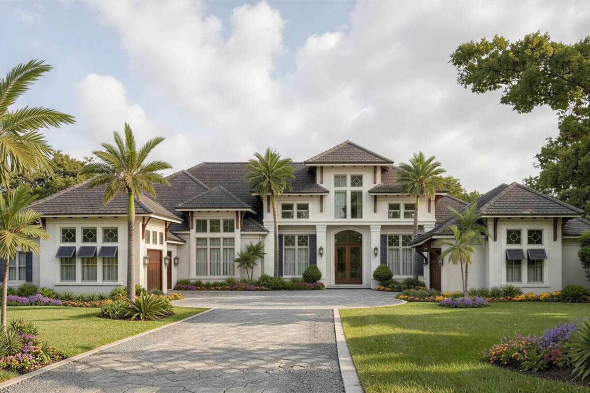 House plan exterior of a two-story Modern style home with a central gable, symmetrical facade, and decorative window details.