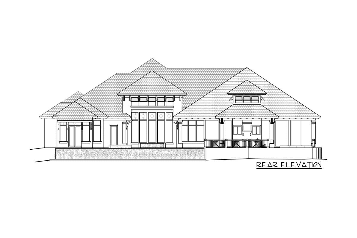 Rear elevation house plan with multiple gables, covered porch, and large windows.
