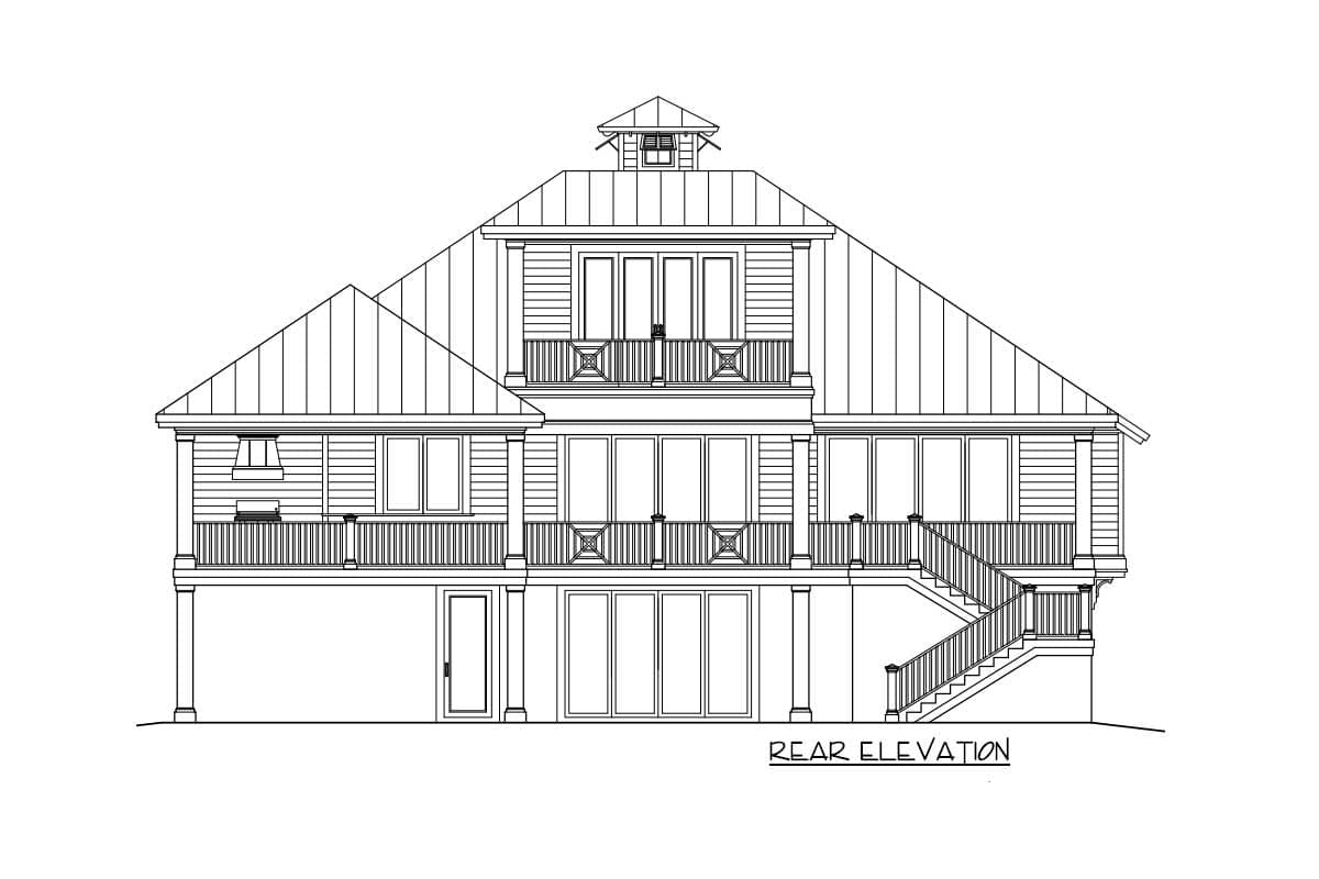 Rear elevation drawing of a multi-story house plan with multiple balconies, gables, and a cupola.