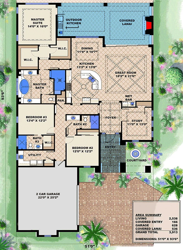 Plan 66324WE: 3-Bed Spanish-Style House Plan with Stucco Exterior and Tile Roof - 2583 Sq Ft - Floor Plan - Main Level - European, Southwest, Spanish, Tuscan