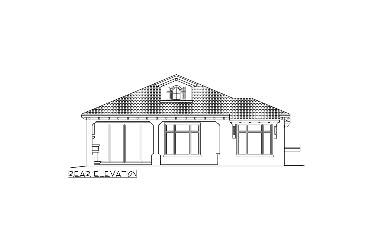 Rear elevation drawing of a one-story house with a hipped roof, dormer, and large window sections.