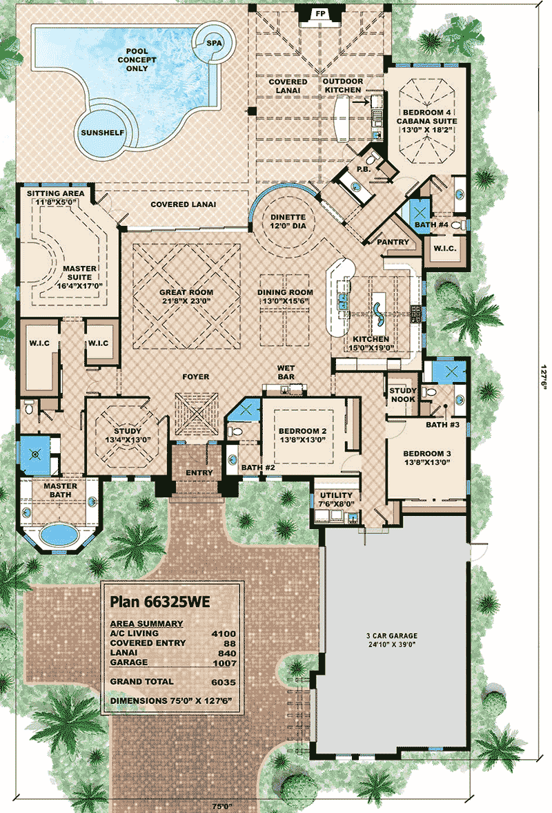 Plan 66325WE: 4 Bed Coastal Contemporary House Plan with Great Outdoor Living - 4100 Sq Ft - Floor Plan - Main Level - Coastal Contemporary, European, Florida-Style, Mediterranean, Transitional