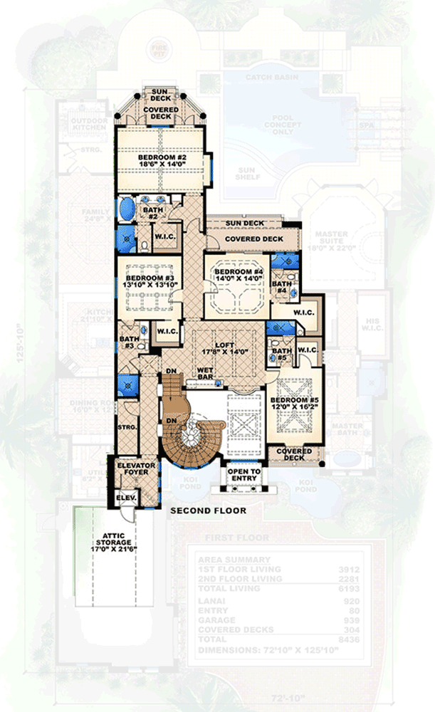 Plan 66326WE: Mediterranean-style Home Plan with Circular Stair and an Elevator - Floor Plan - 2nd Floor - Florida-Style, Mediterranean, Spanish
