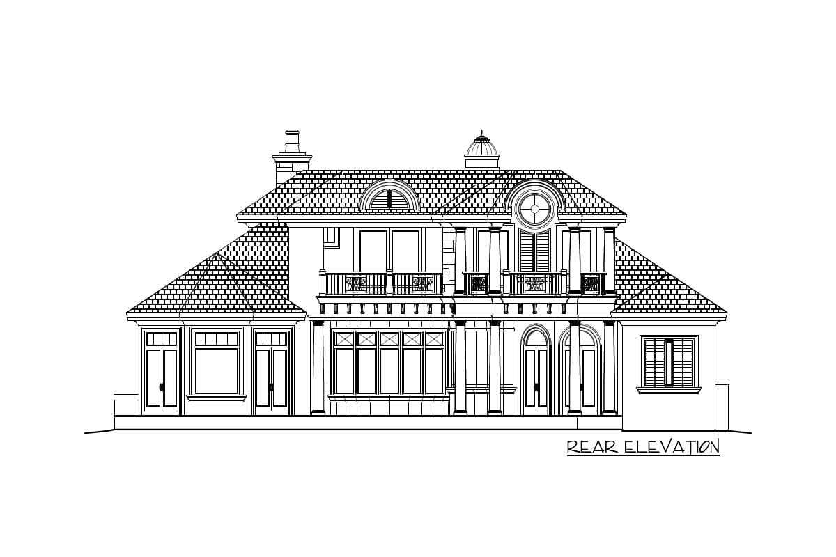 Rear elevation of a two-story house plan featuring a hipped roof, multiple dormers, arched doorways, and balconies.