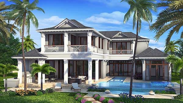 House plan exterior: two-story modern home with hipped roofs, balconies, large windows, and a swimming pool.