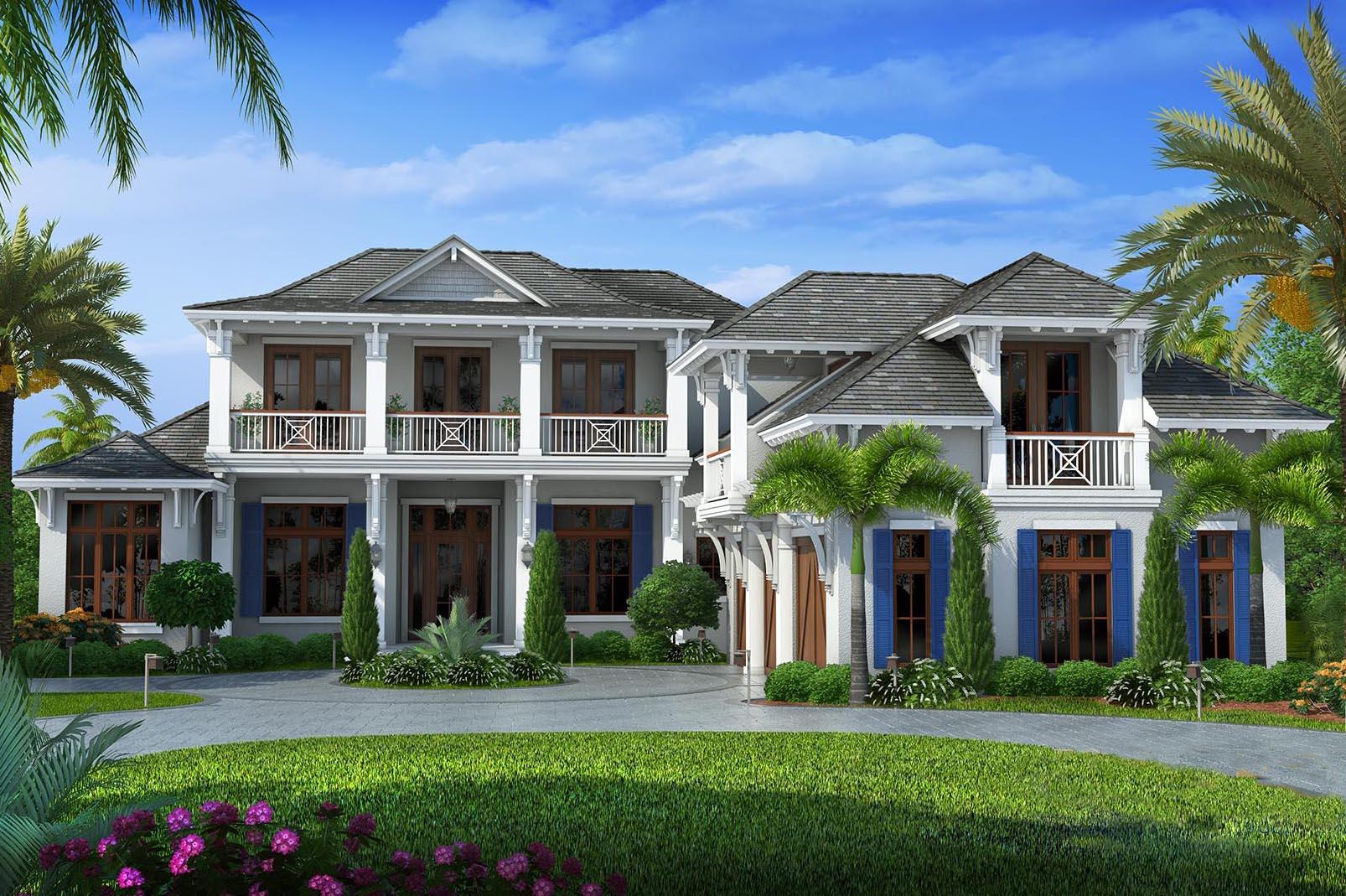 House plan exterior with two stories, double balconies, classical columns, and dormers.