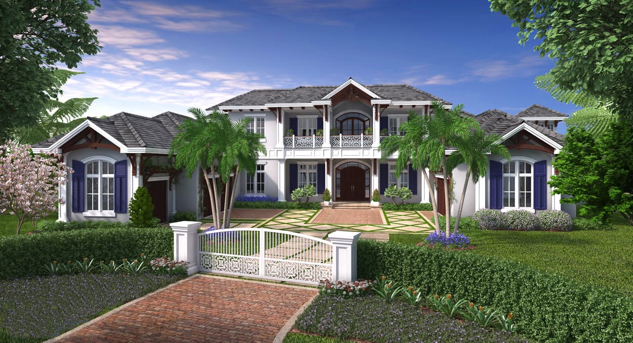 House plan exterior: two-story luxury residence with arched entryway, balconies, gables, and multiple rooflines.