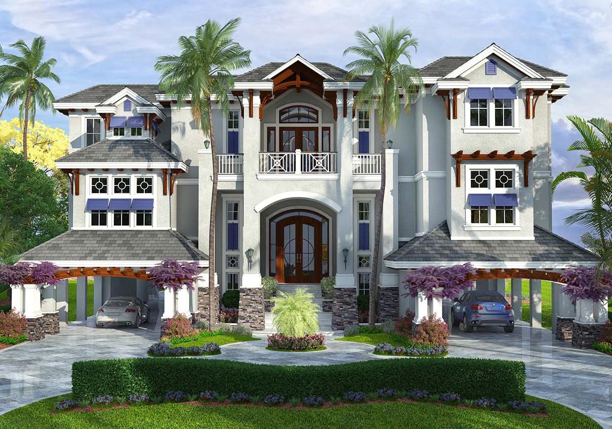 House plan exterior: Multi-story residence with arched entryway, balconies, porte-cochères, and varied rooflines.