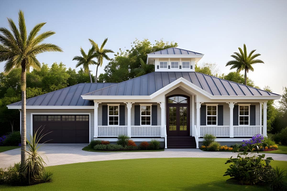House plan exterior with Craftsman style, single story, and a metal roof. Features include a front porch, a cupola, and a two-car garage.