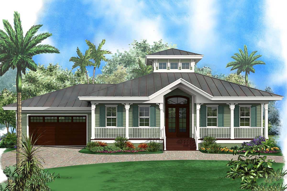 House plan exterior: One-story home with a wraparound porch, gable over the entrance, and a two-car garage.