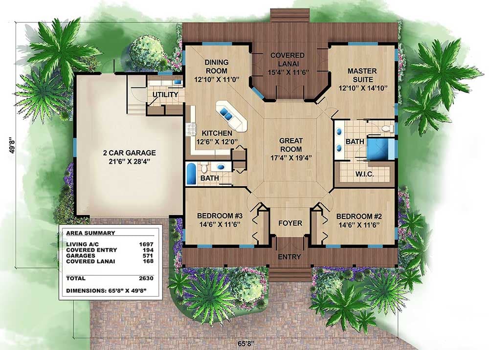 Plan 66333WE: 3-Bed Coastal Florida House Plan with Cupola and 2-Car Garage - 1991 Sq Ft - Floor Plan - Main Level - Beach, Coastal, Florida-Style, Southern