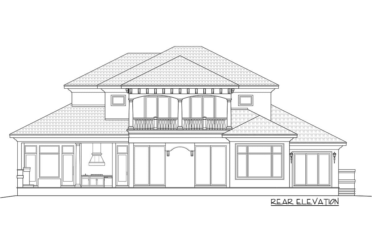 Rear elevation house plan featuring a double-story house with a prominent balcony, multiple gables, and covered patio with outdoor kitchen.