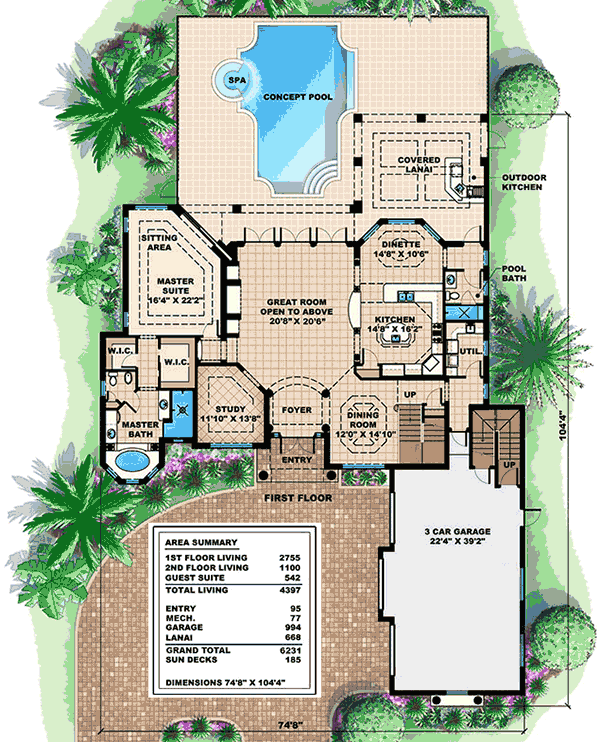 Plan 66335WE: Mediterranean House Plan with In-Law Apartment - 3855 Sq Ft - Floor Plan - Main Level - Florida-Style, Mediterranean