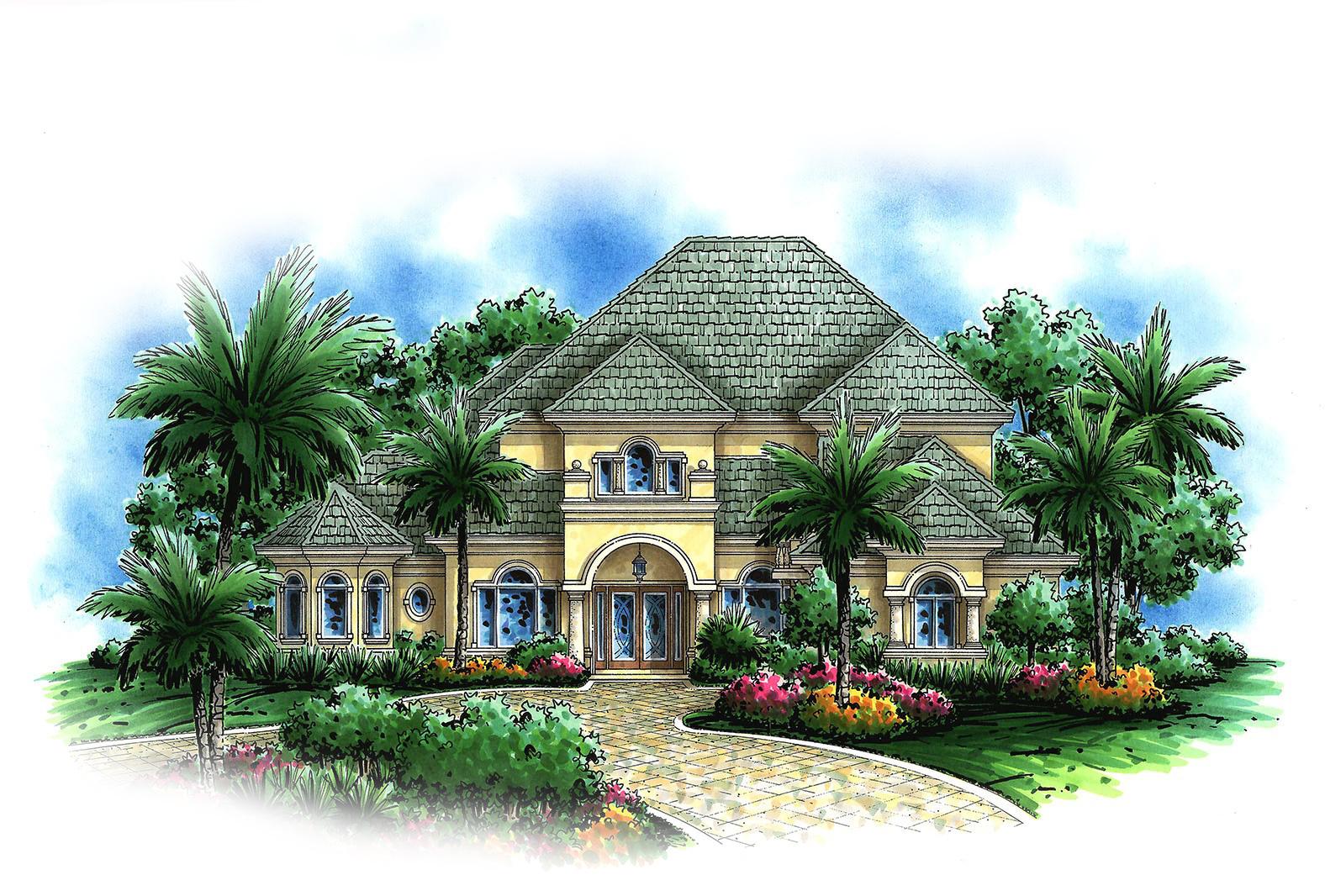 House plan exterior. Two-story, Mediterranean style home with a hipped roof and multiple gables. Features arched windows and a portico entrance.