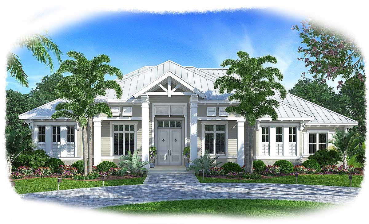 House plan exterior with columns, multiple gables, and a metal roof. Features include large windows and a covered entry. Palm trees flank the house.