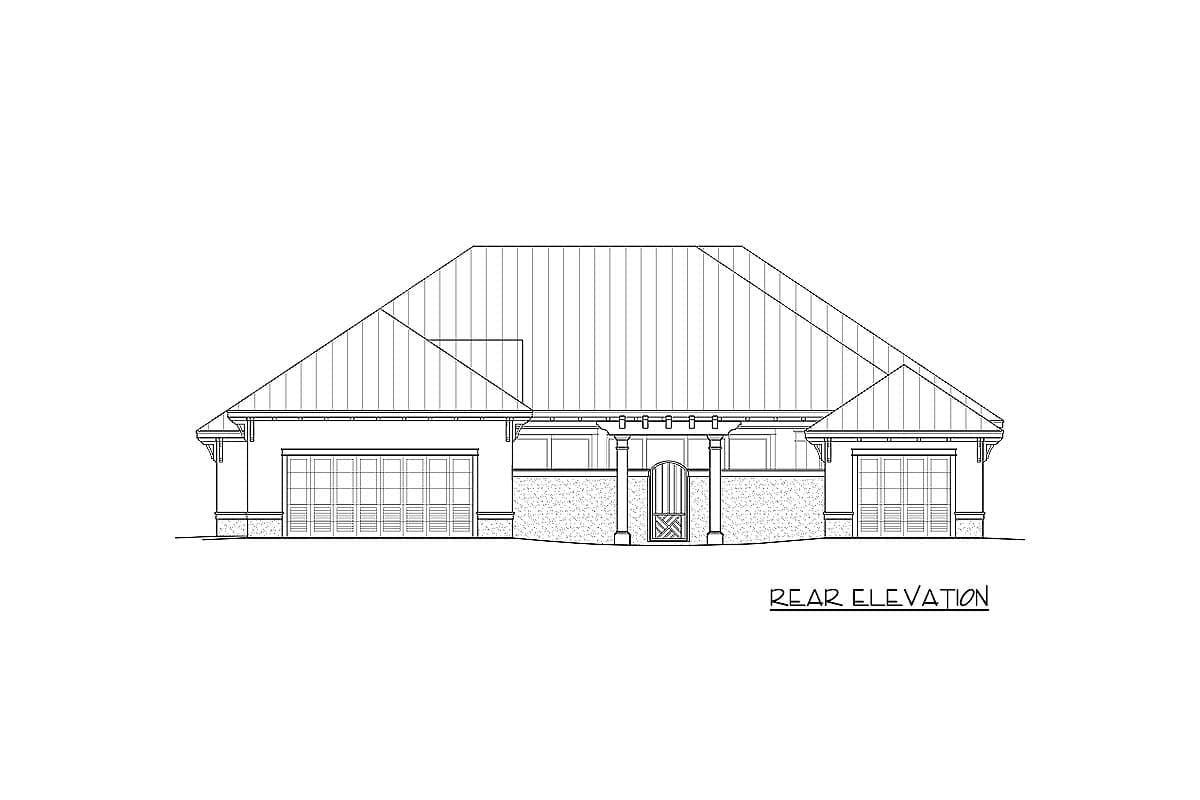 Rear elevation of a one-story house plan with two garages, a central covered entry with gate, and a metal roof.