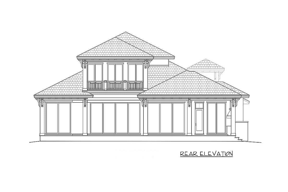 Rear elevation drawing of a two-story house with a hipped roof, multiple gables, and a second-story balcony.