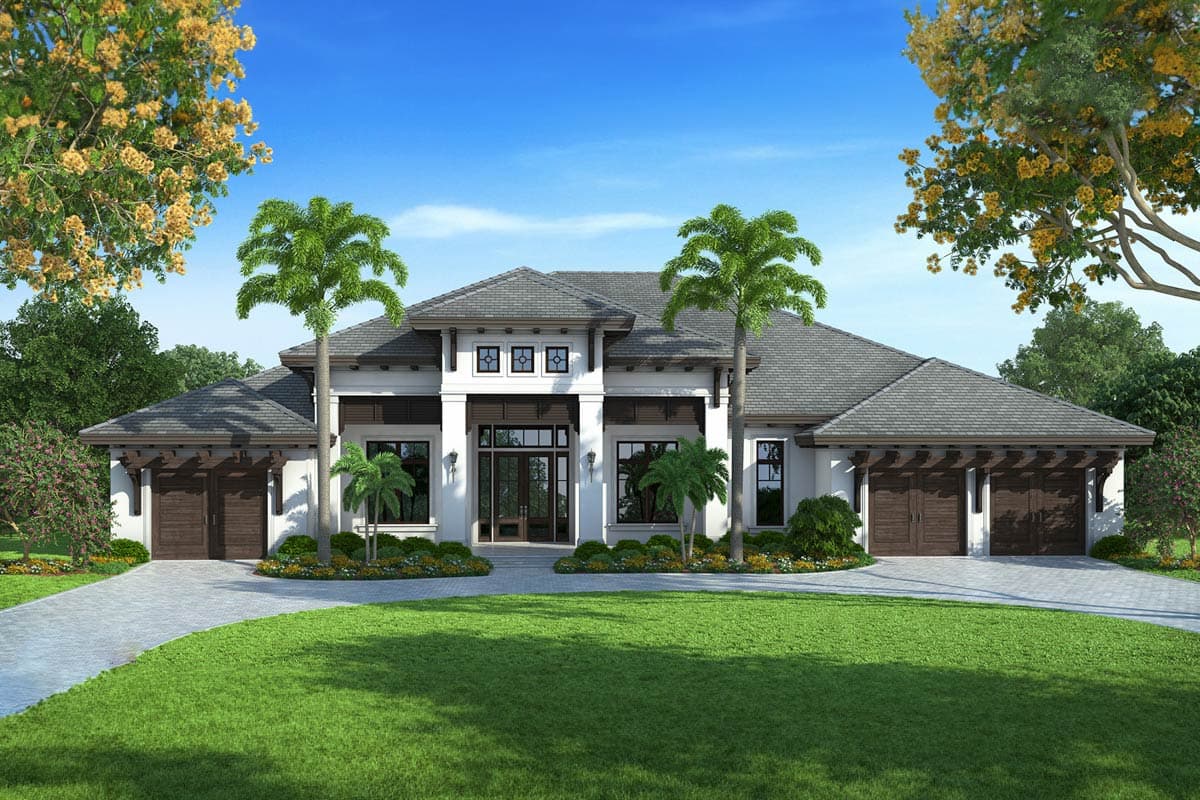 House plan exterior. Two-story home in a transitional style. Features include a hipped roof, covered entry, and two attached garages.