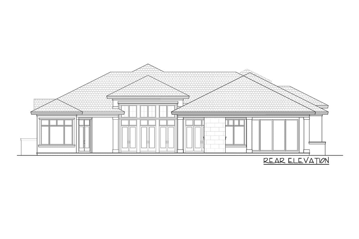 Rear elevation drawing of a house plan featuring multiple gables, varied window styles, and a central glass door system.