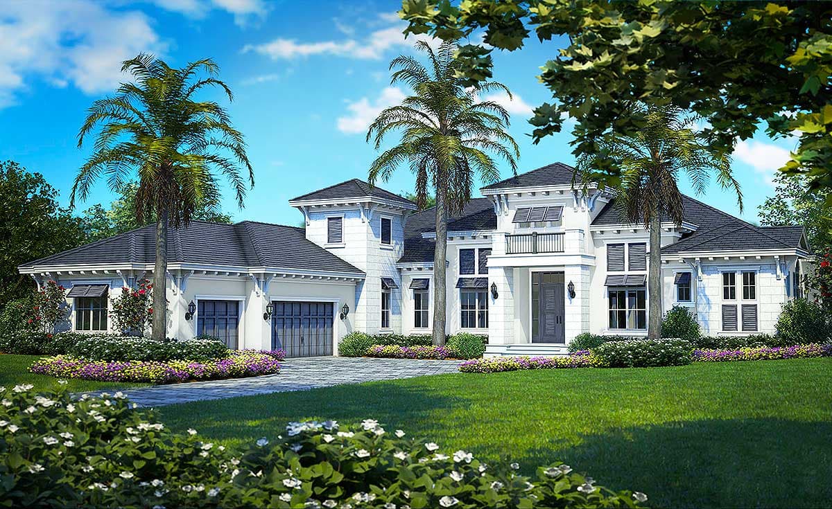 House plan exterior with two stories. Features include a front-entry balcony, multiple gables, and a detached garage with two bays.