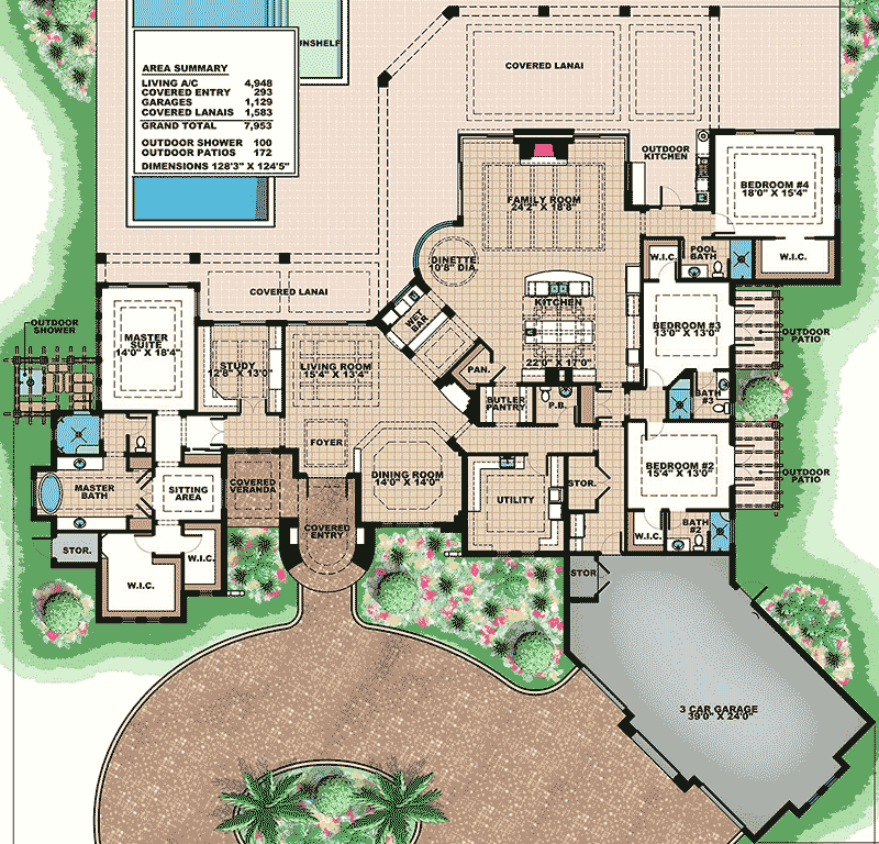 Plan 66348WE: Opulent Mediterranean House Plan - 4948 Sq Ft - Floor Plan - Main Level - Florida-Style, Mediterranean, Transitional