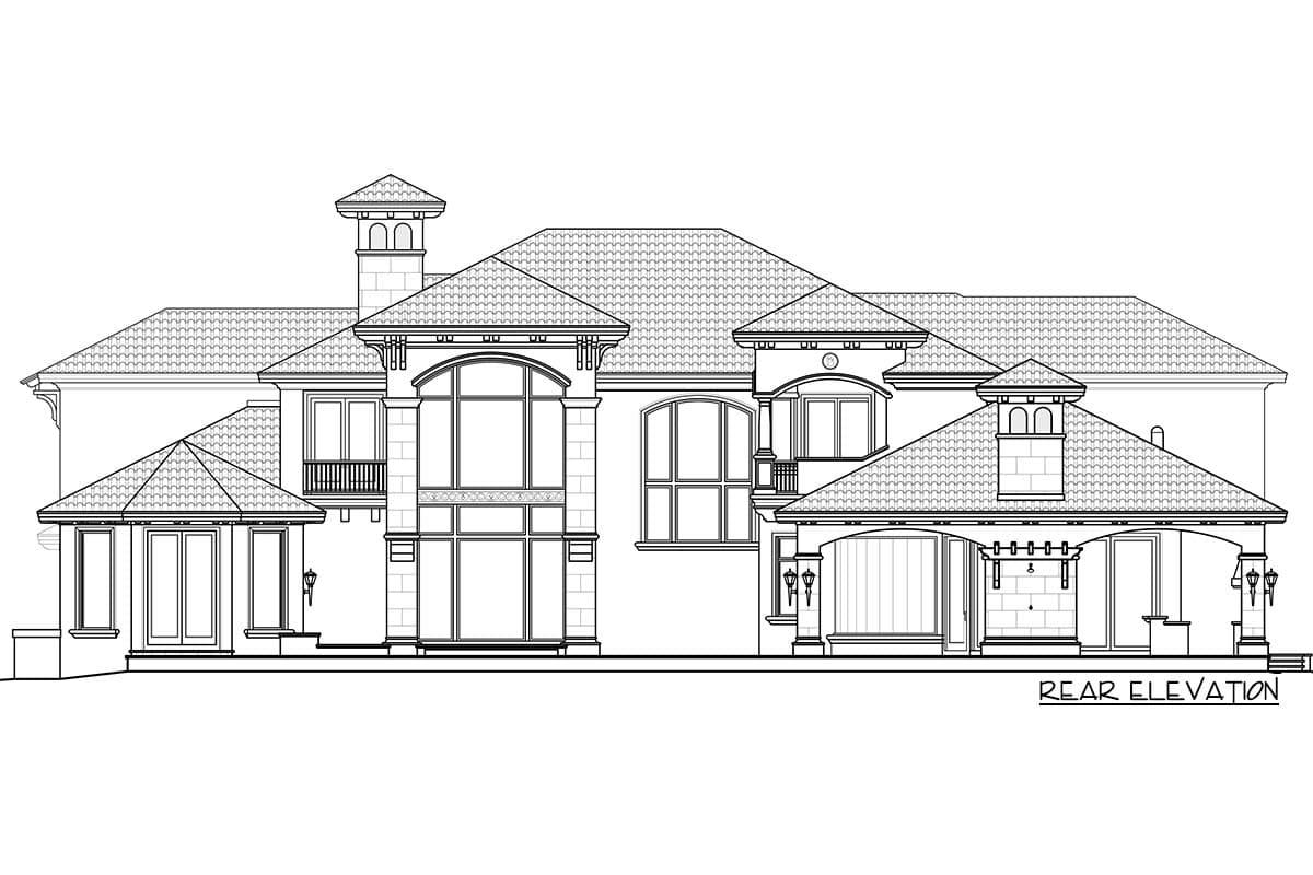 Rear elevation house plan with varied rooflines, large windows, covered patio with fireplace, and decorative dormer.