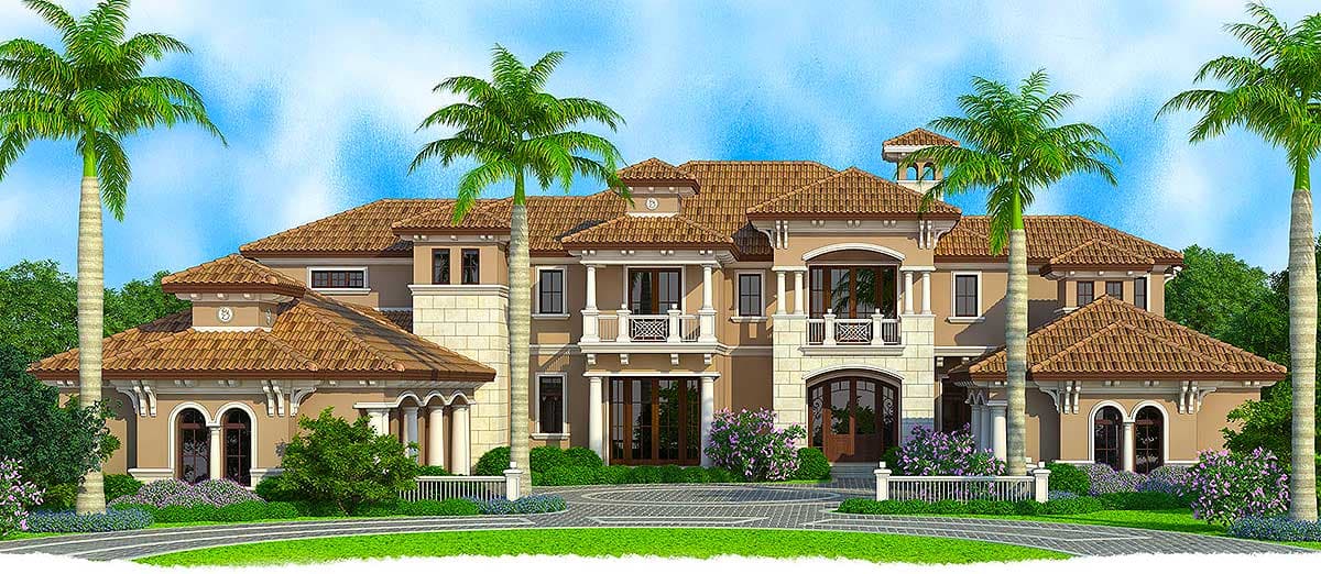House plan exterior. Mediterranean style, two stories. Features include a tile roof, balcony, arched windows, and multiple dormers.