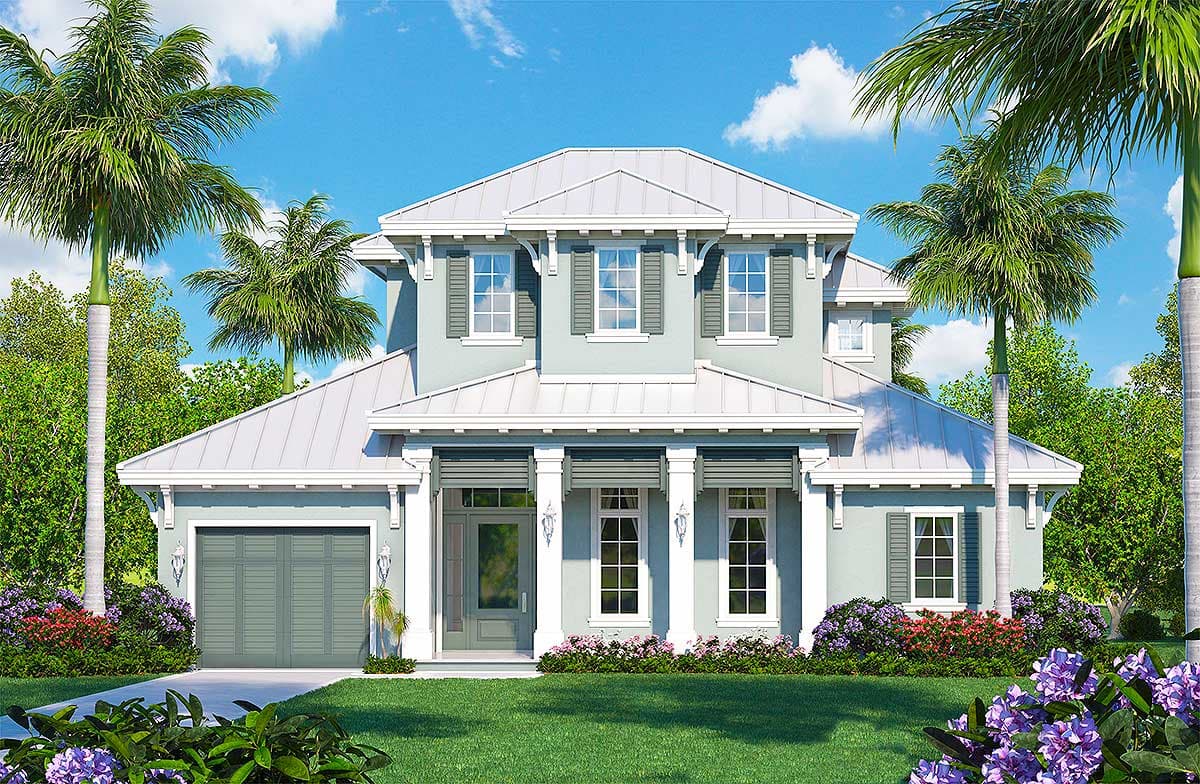 House plan exterior. Two-story, coastal style with a covered porch supported by columns. Features include a hipped roof and a two-car garage.