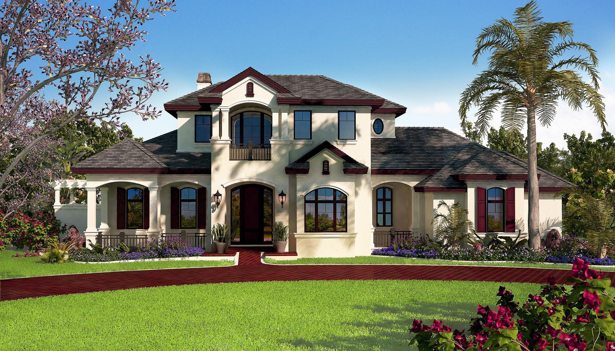 House plan exterior: Two-story Mediterranean style with arched windows, covered porches, gabled roof, and central balcony.