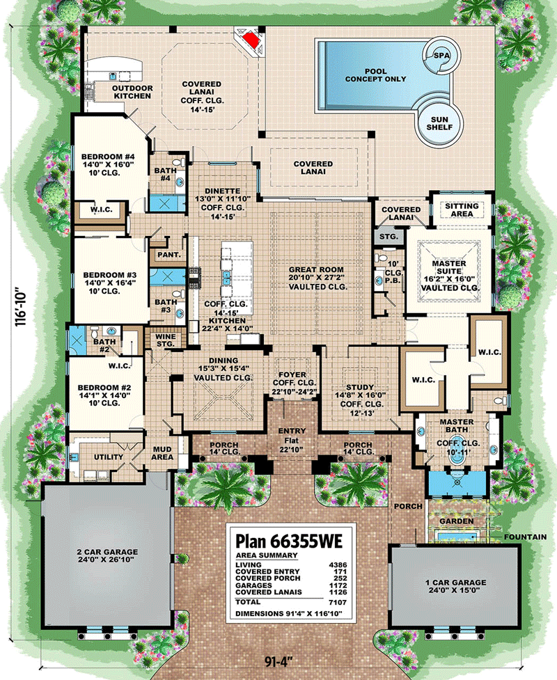 Plan 66355WE: 4 Bed Luxury Mediterranean Home Plan with Vaulted Great Room - 4386 Sq Ft - Floor Plan - Main Level - Coastal, Coastal Contemporary, Florida-Style, Mediterranean