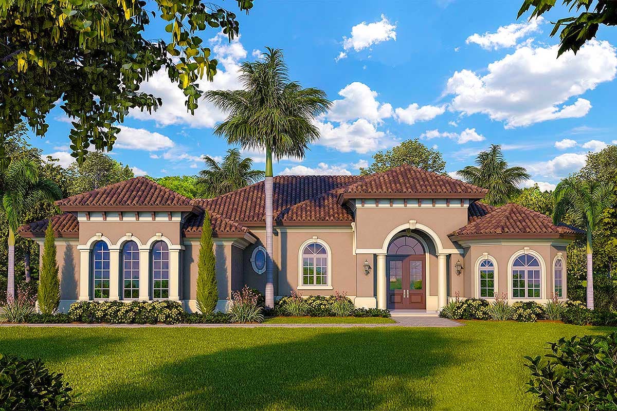 House plan exterior: Spanish style, one story, tiled roof, arched entry, multiple arched windows.