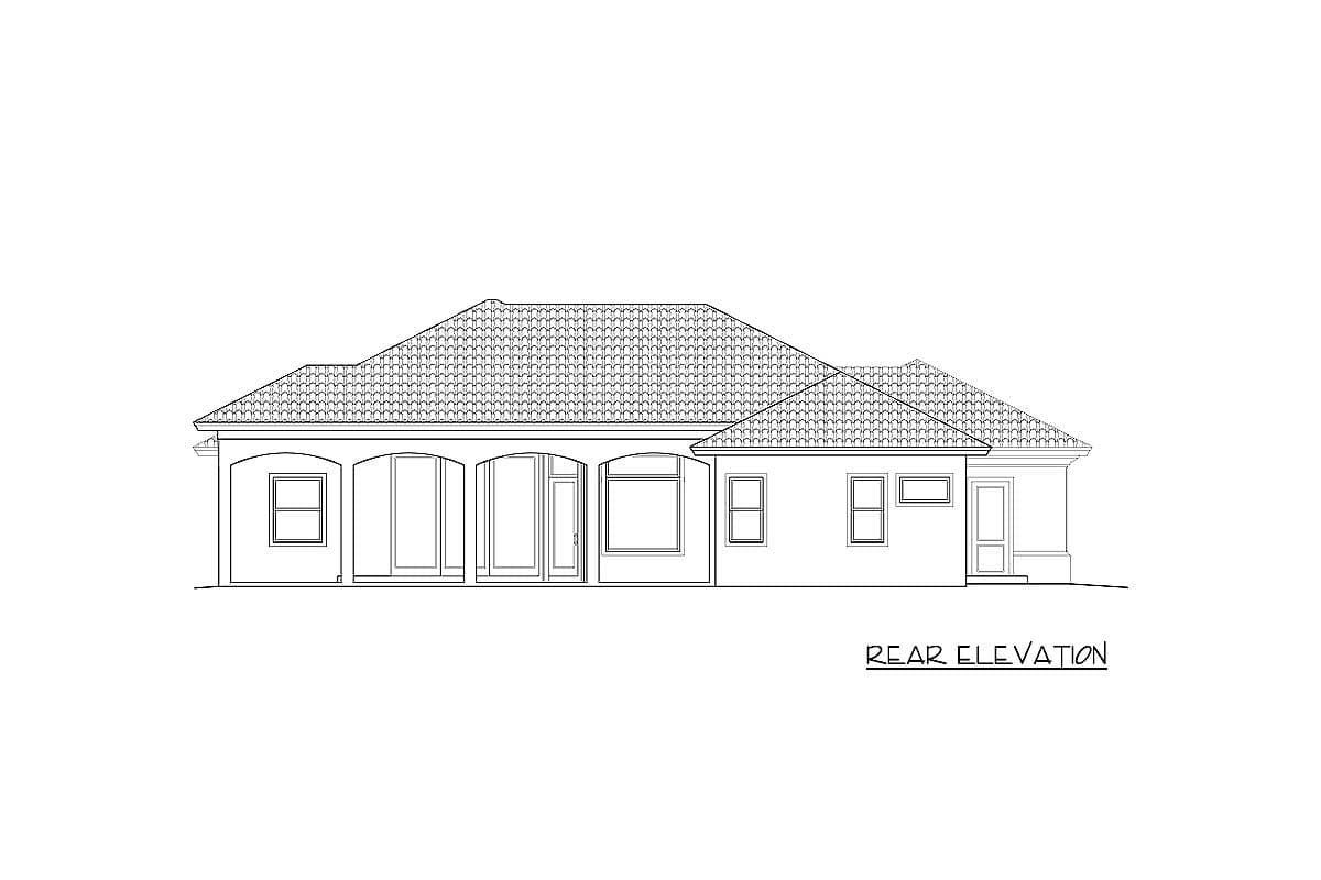 Rear elevation drawing of a single-story house plan with a tile roof, multiple windows, and arched doorways.