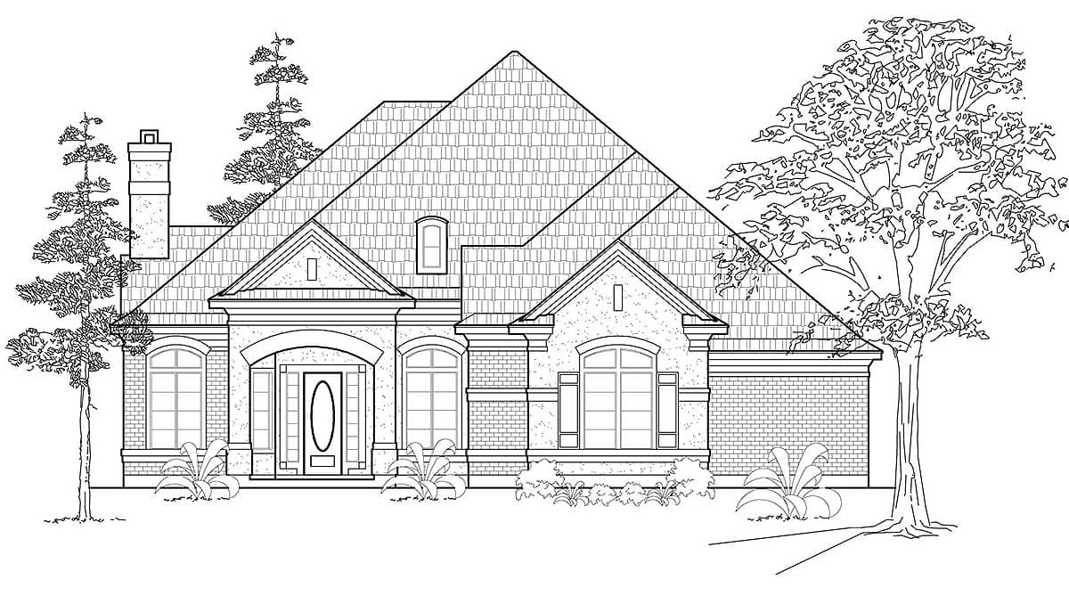 House plan exterior: One-story home with arched entry, prominent gables, dual dormer, and brick facade.