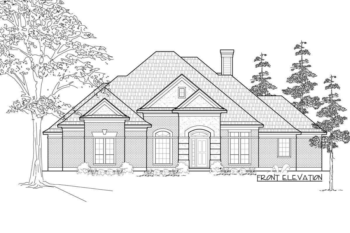 Front elevation of a one-story house plan with a multi-peaked roof, brick facade, arched entryway, and gabled dormers.