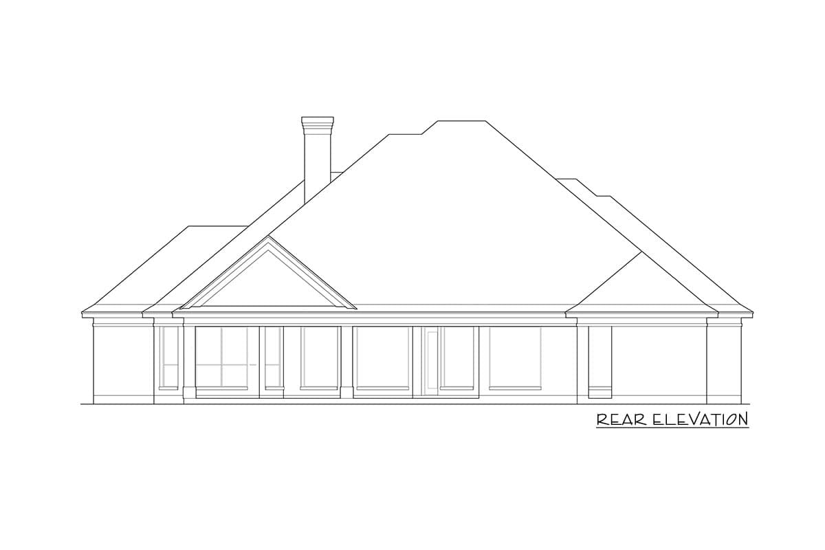Rear elevation of a house plan showing a prominent hip roof, a central gable, a chimney, and a long covered porch with numerous windows.