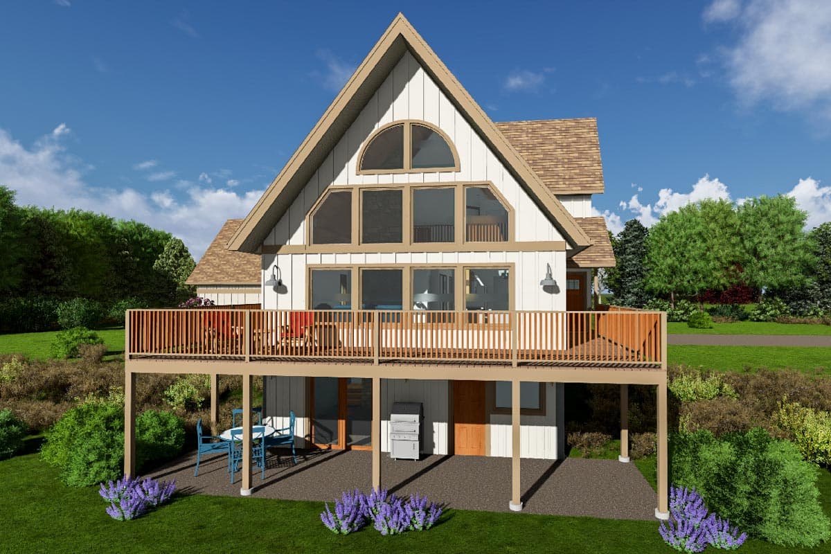 House plan exterior with A-frame roof and large picture windows. Two-story structure features a deck and an elevated porch.