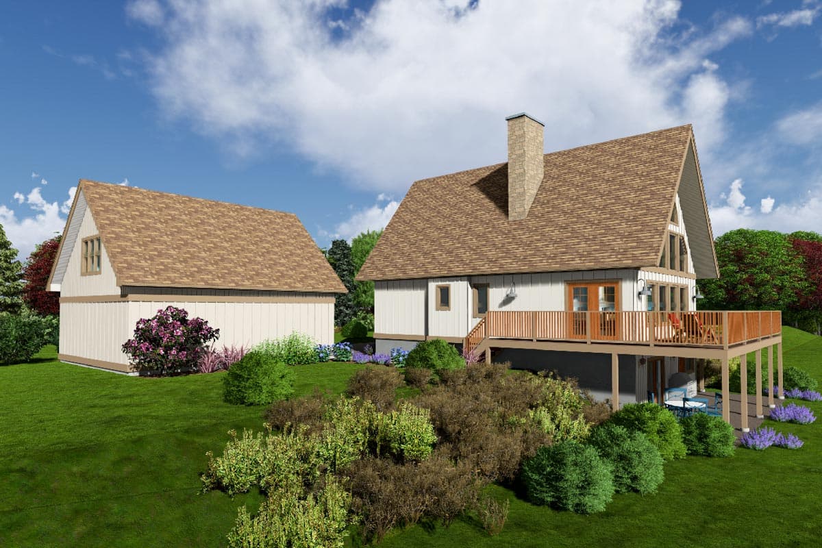 House plan exterior of a two-story home with a large deck, stone chimney, and attached garage.