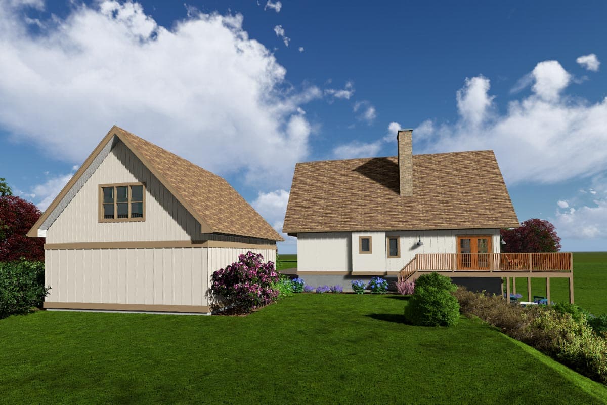 House plan exterior: two-story home with attached garage, deck, and stone chimney.
