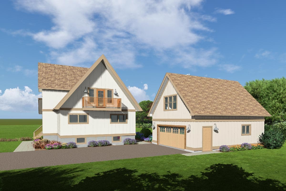 Modern Farmhouse house plan exterior with two stories, a second-story balcony, and attached two-car garage with wood doors.