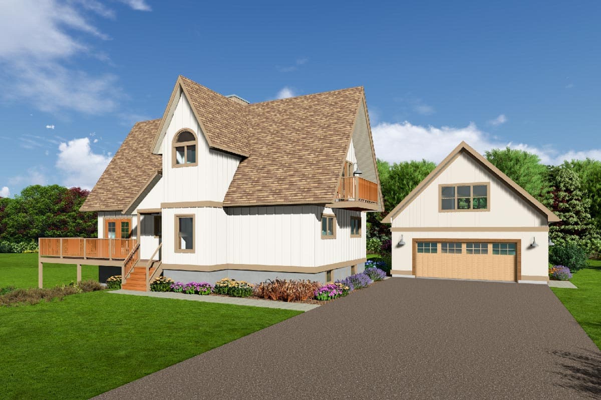 House plan exterior: Two-story dwelling with gabled dormers, a prominent front gable with arched window, and a detached two-car garage.