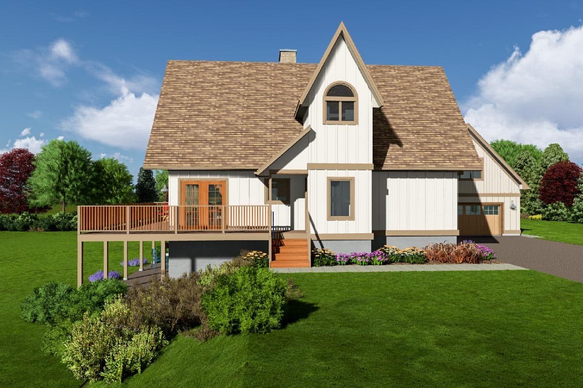 House plan exterior: two-story home with a prominent gable, arched window, deck, and attached garage.