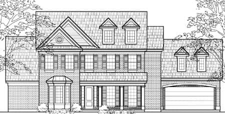 House plan exterior of a two-story home with a prominent front gable, dormers, bay window, and attached side garage.