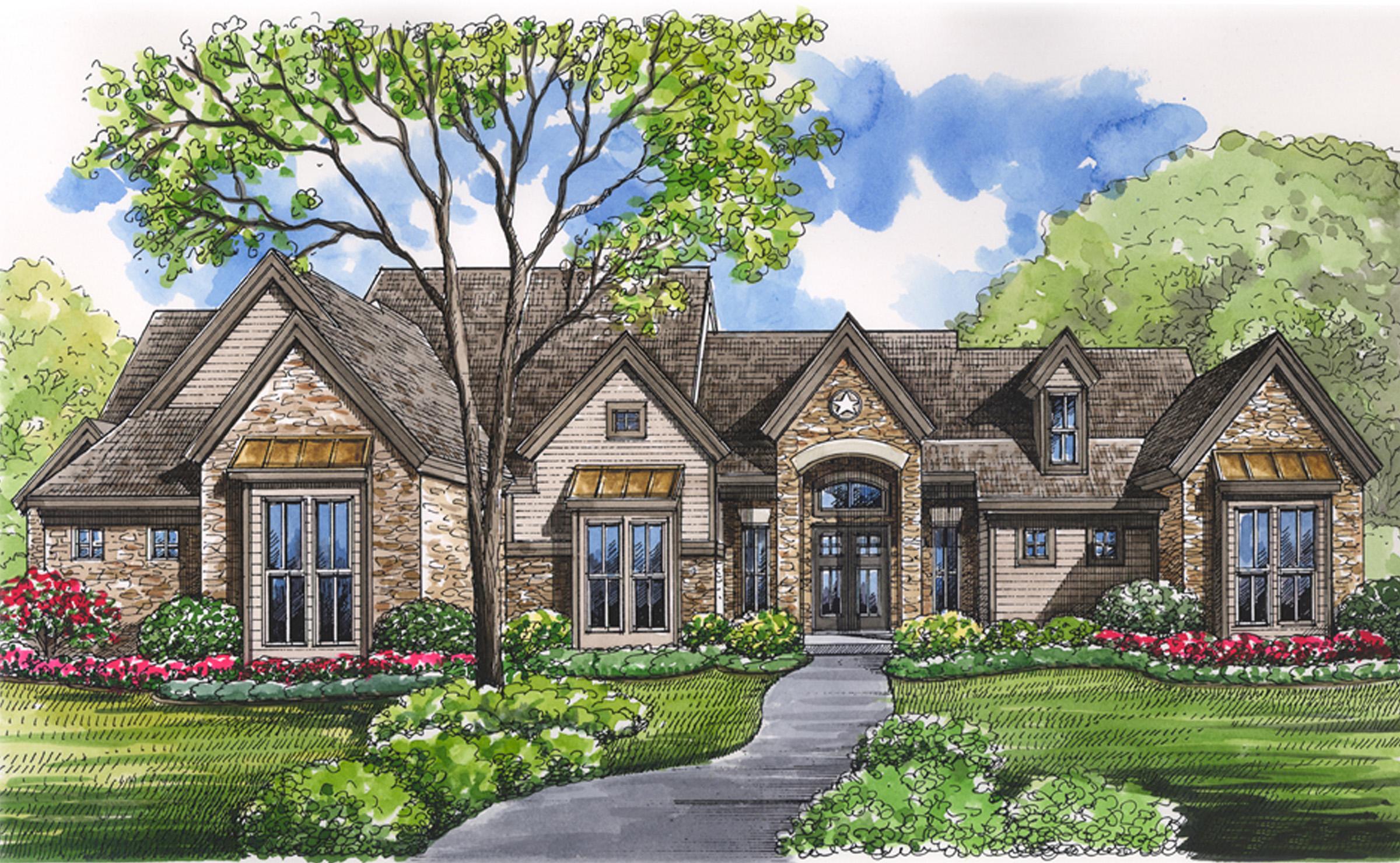 House plan exterior: Stone and shingle construction, multiple gables, arched entry, and dormer windows.