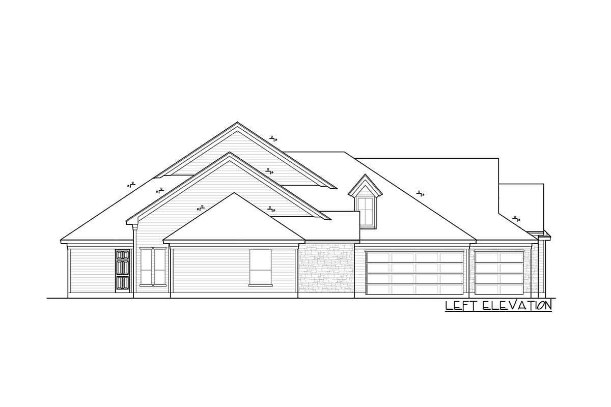 Left elevation of a house plan showing a complex roofline, double garage, stone accent, and dormer.