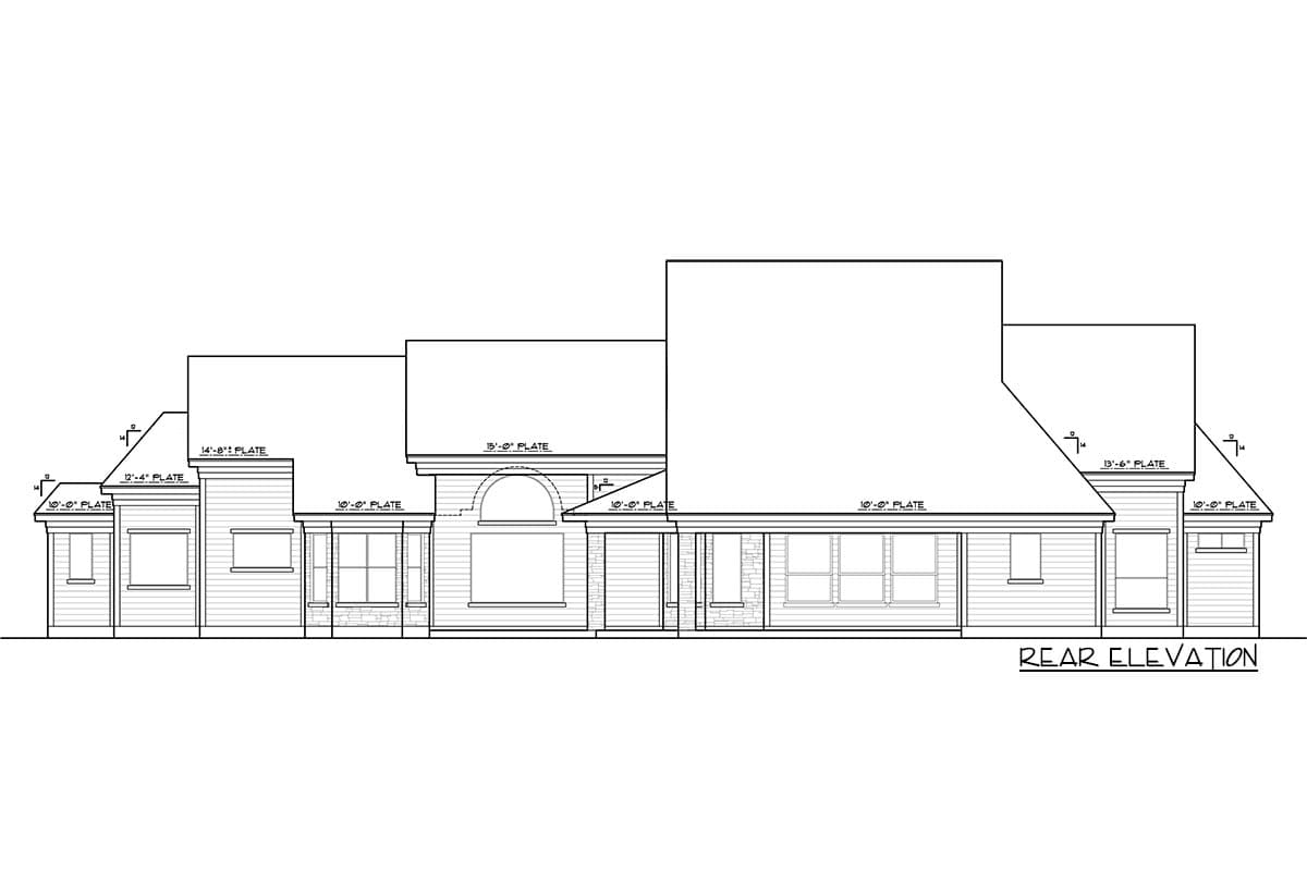 Rear elevation drawing of a house plan with multiple rooflines, gables, an arched window, and covered porch.